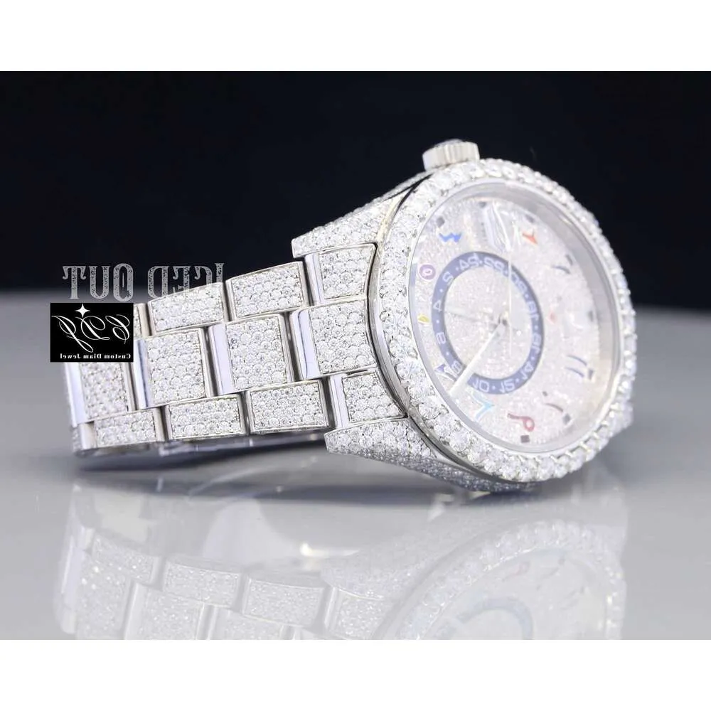 013B 2024POCS VVS Moissanite diamant glacé montre ronde cadran arabe luxe buste vers le bas Hip Hop montre en acier inoxydable Moissanite montre