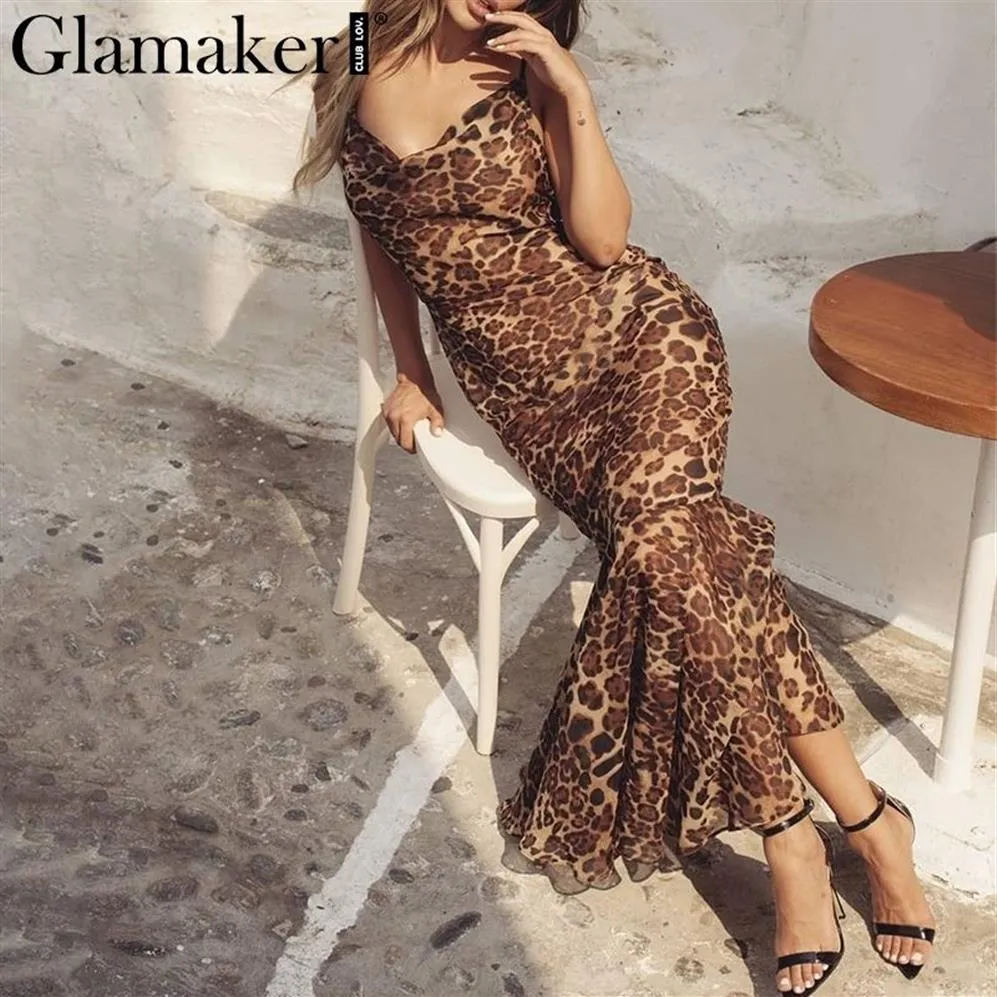 Glamaker leopard tryck kvinnor maxi klänning sommar sexig strand vintage klänning kvinnlig slim party lång kausal klänning klädskå retro vestidos y1285z