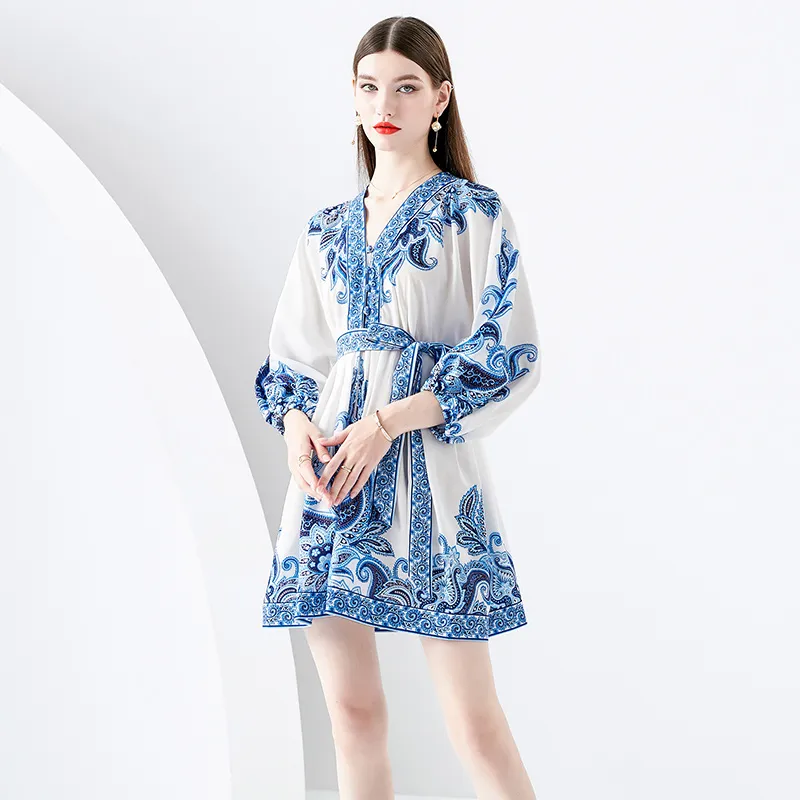 Woman Paisley Floral Vintage Mini Dress Cotton Blend Long Sleeve V-Neck  Slim Bow Lace Up Waist Casual Autumn Dress from Dhgate Runway Dresses -  price 38.91