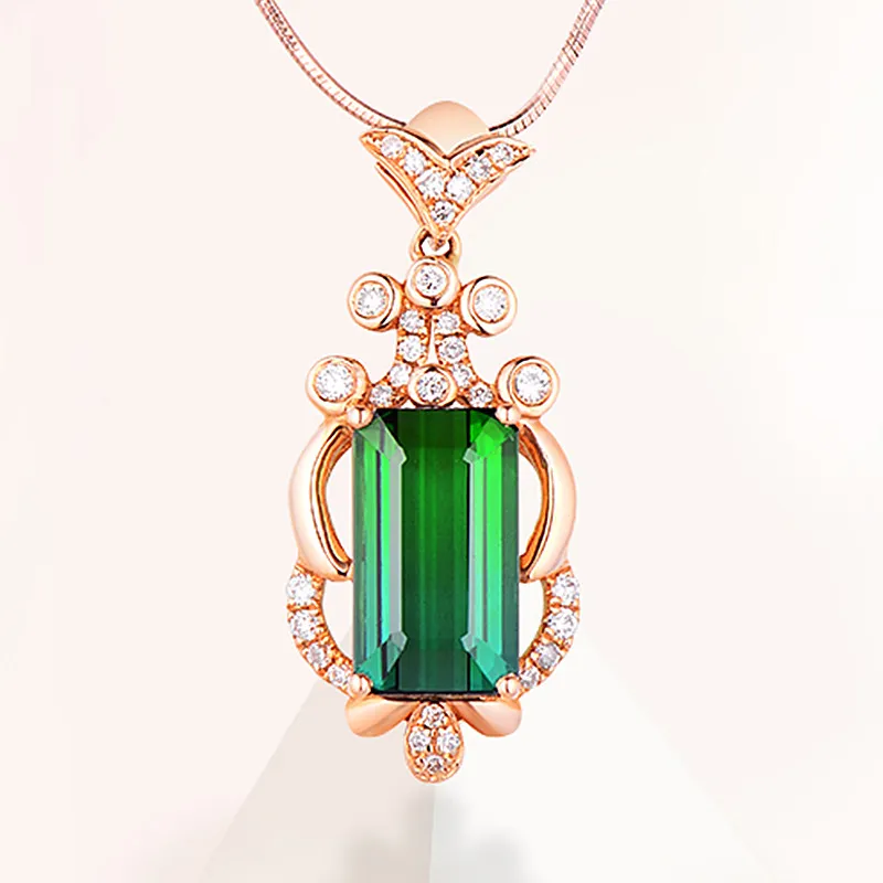 Ожерелье для женщин, ювелирные изделия, зеленый кристалл, турмалин, циркон, бриллиант, кулон, ожерелье из розового золота, подарок на день рождения