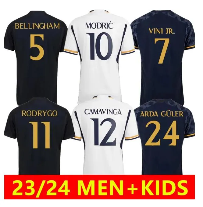 Män barn 2023 2024 Fotbollssatser Vini JR Modric Soccer Jerseys 23/24 Camiseta de Futbol Kroos Bellingham Camavaveringa Valverde Rodrygo Alaba Kid Footbal Kit