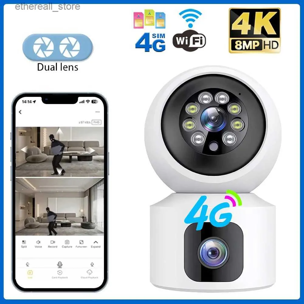 Moniteurs pour bébé Caméra de sécurité 360 WiFi 4G Carte Sim Caméra 4K Caméras de vidéosurveillance Caméra IP Double objectif Protection de la maison 8MP Surveillance Baby Monitor Q231104