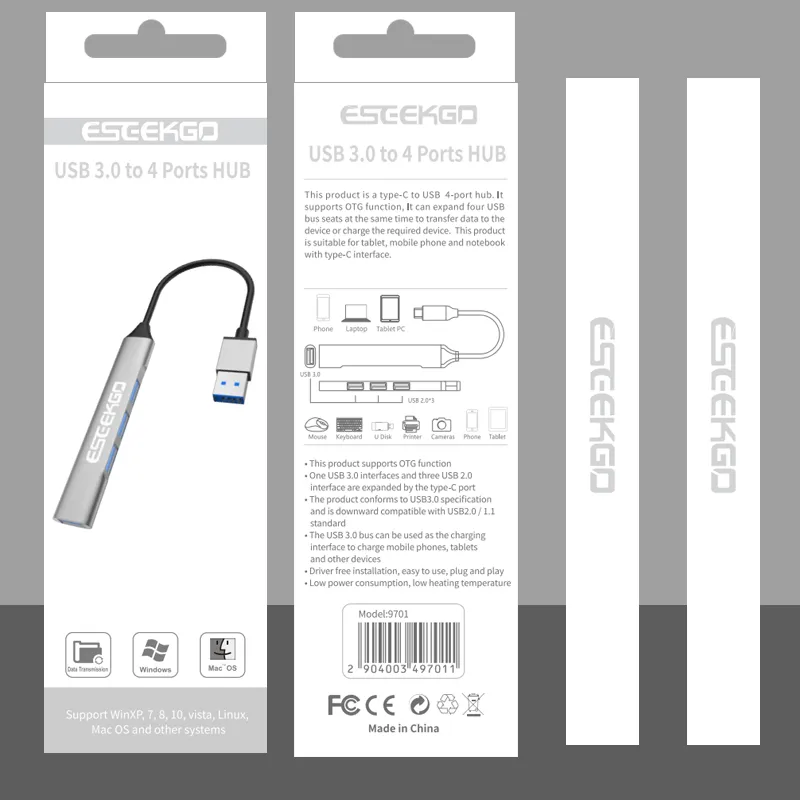 ESEEKGO UAC-9701 TYPE-C USB 3.0 إلى 4 منافذ مركز لتوصيل الكمبيوتر وتشغيل الفاصل لأجهزة الكمبيوتر المحمولة لوحة مفاتيح لوحة الفأر في صندوق البيع بالتجزئة