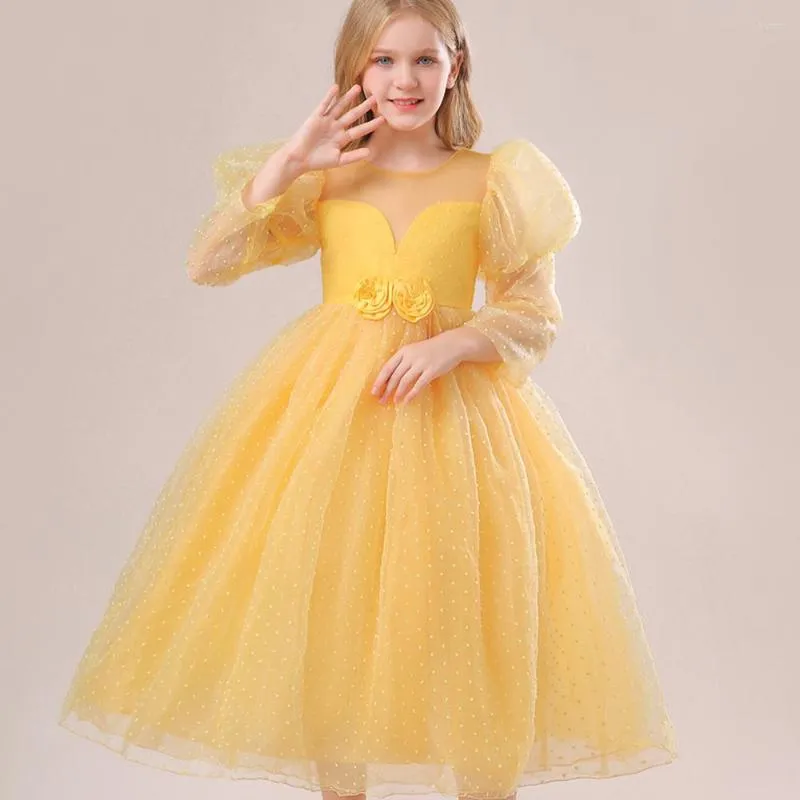 Robes de fille mode robe de princesse pour les filles été manches bouffantes maille adolescente robe de bal fête élégante taille haute