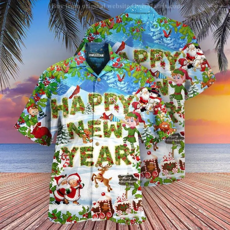 Camisas casuais masculinas Papai Noel masculino Cola cubana de grande porte de coleira curta Hawaiian Roupas surfando no dia de Natal da praia verão
