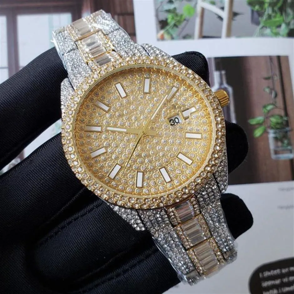 En İyi Tasarımcı Erkekler Elmas Saatler Izgar Out Saat Moda Altın Diamant Dial 42mm Gün Tarih Erkek Kılkaları Katlanır Toka Montre De300y