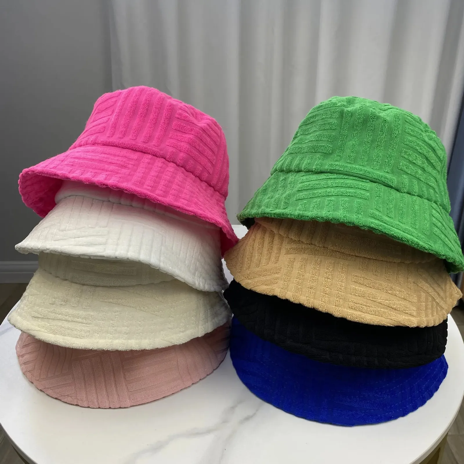Bucket Hats New Women's/Men's Towel Bucket Hat Casual Stripe Monochrome Sunbath Hat 231104