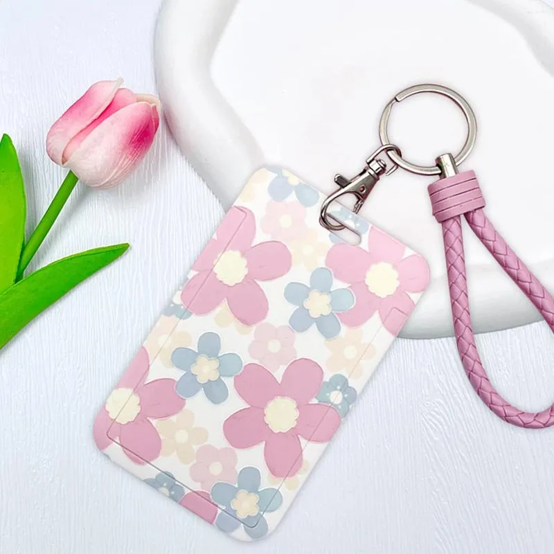 Card Holders Student ID Badge ABS Plastic Cover With Neck Strap Bag Colored Flowers Women Girl Bus Holder Bags Lanyard