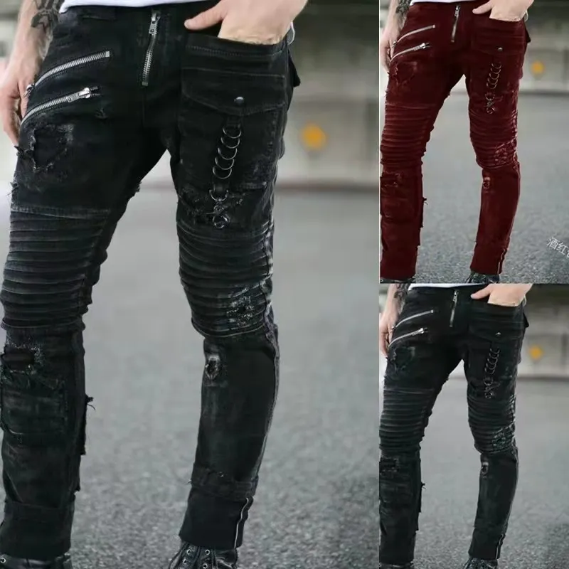 Мужские брюки прямые джинсы мужские панк узкие джинсы весна лето бойфренд уличная молния Slim Fit черные готические брюки 230403