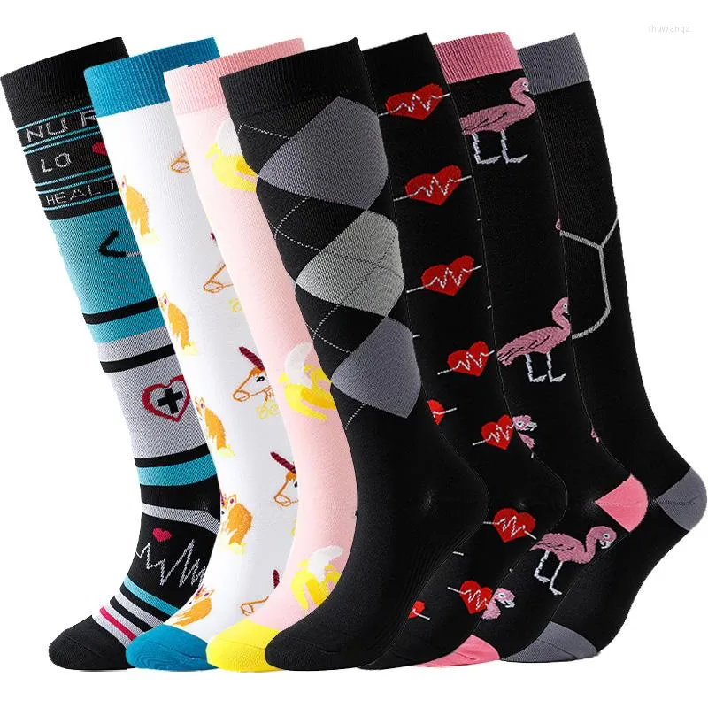 Chaussettes de sport à Compression pour femmes et hommes, pour course à pied, vol, voyage, athlétique, Crossfit, cyclisme en plein air, bas à pression longue