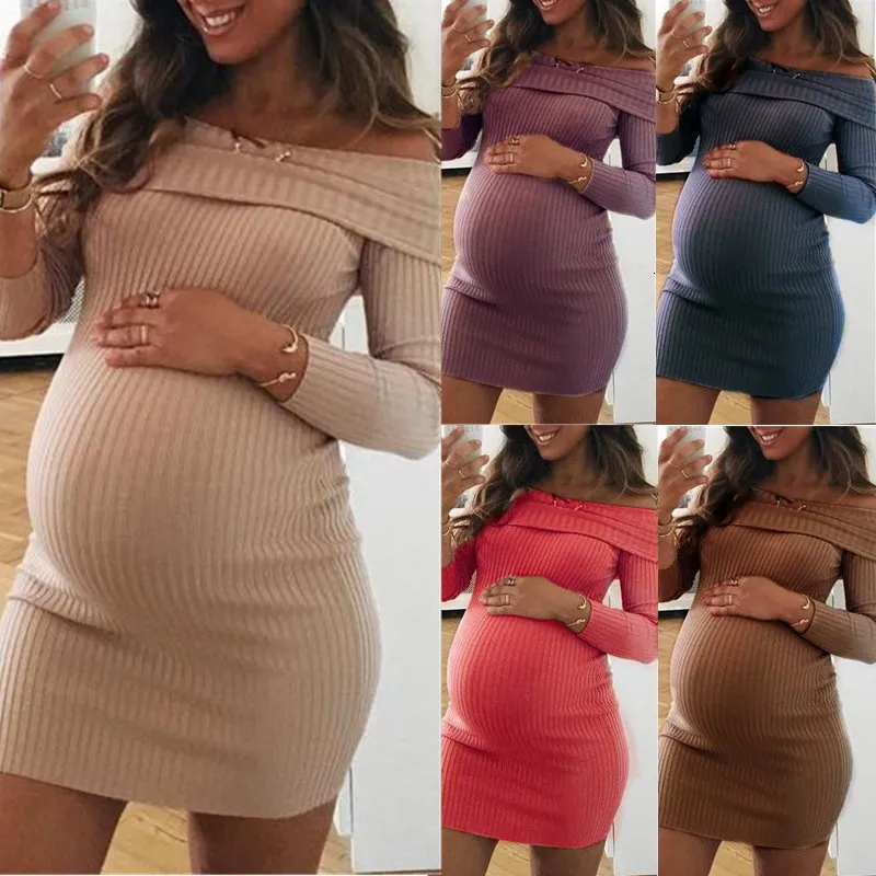 Vestidos de maternidad Mujer embarazada Ropa sin hombros de color sólido Tallas grandes SMLXL2XL Manga larga Ropa linda de premama 230404