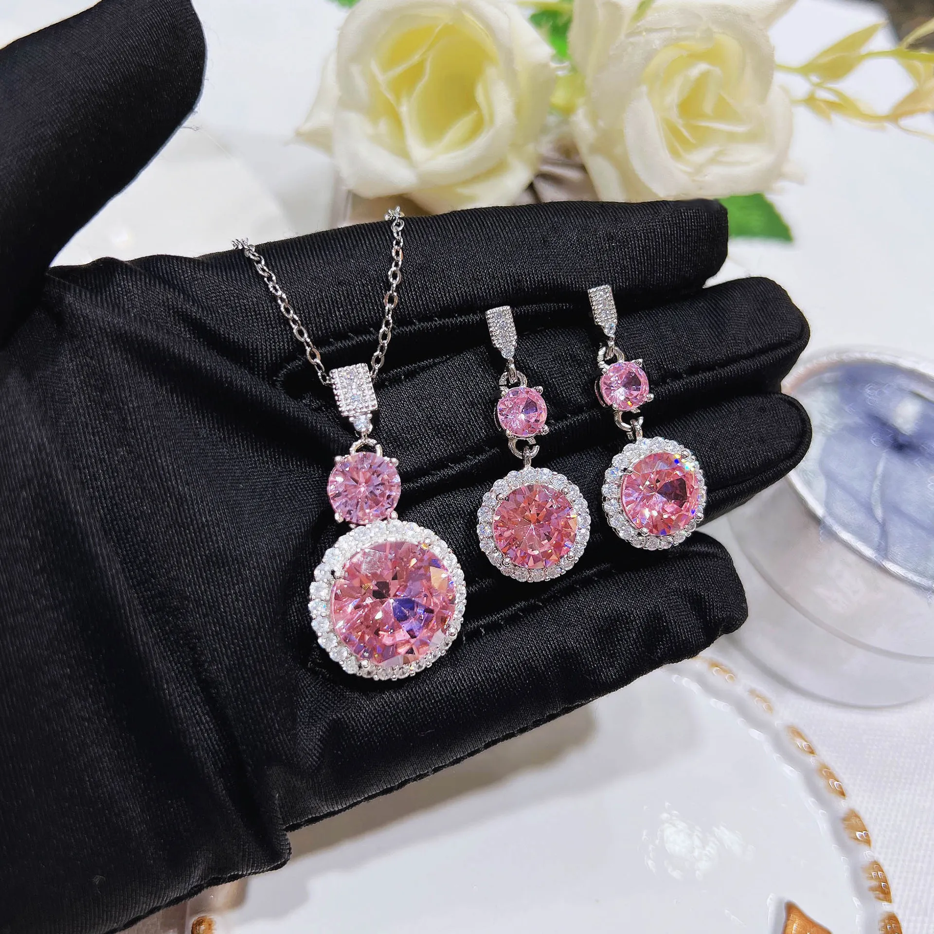 2022 Pink Lab Diamond Jewelry Set 925 스털링 실버 파티 웨딩 이어링 여성을위한 Chocker 목걸이 신부 보석 보석