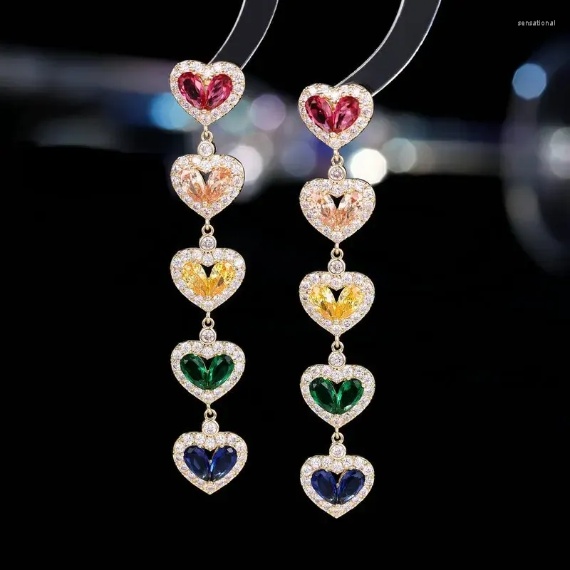 Dingle örhängen lyxig färgglad kristall lång modell hjärtformad kärlek kvinnors smycken bröllop fest klänning tillbehör elegans gåva
