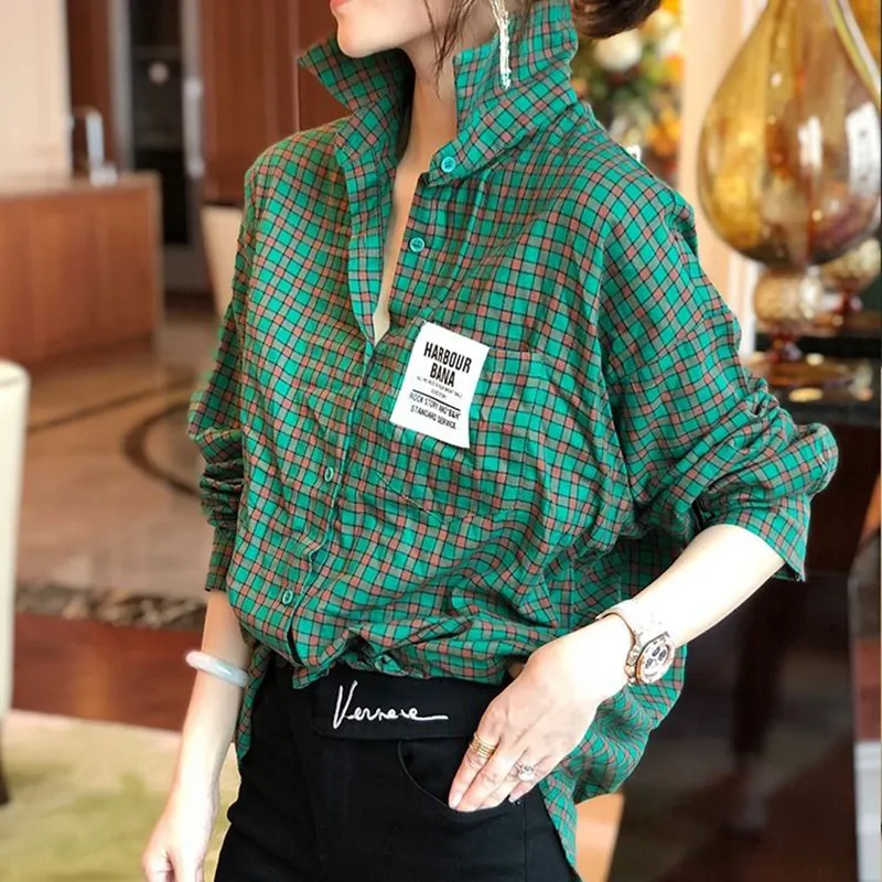 Women's Blouses Shirts Spring/Summer Korean Fashion Women's Long Sleeve Plain Pattern Shirt Fully Matched Casual Polo Loose Green Top S696 230404