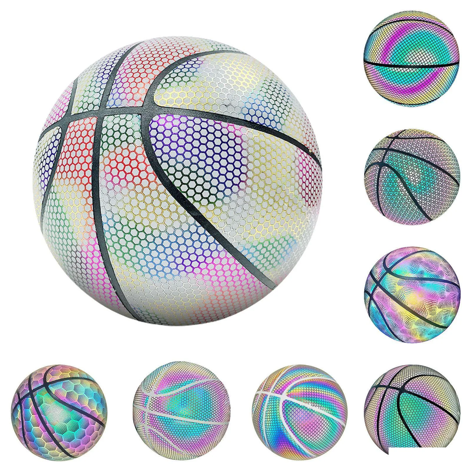 Novelty Games Novelty Games Luminous Basketball Ball Holographic Reflective Lighted Flash Pu sliteständig glödande nattsportspel DHRX8