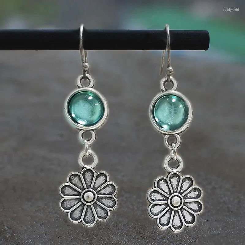 Dangle Earrings Boho Ethnic Clear Green Blue Round Stone Women Accessories Antique Silver Color Flower Metal Teal Gift