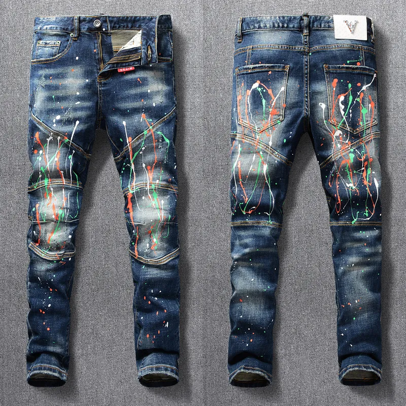 Jeans Masculino Street Fashion Retro Blue Stretch Slim Fit Pintado Rasgado Emendado Designer Hip Hop Denim Biker Pants Hombre 230404