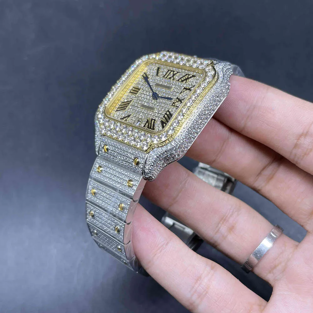 BDJ7 La montre en diamant pour hommes latt en 2024, grande lunette en diamant, montre hip-hop brillante populaire, boîtier en or 2 tons, mouvement automatique