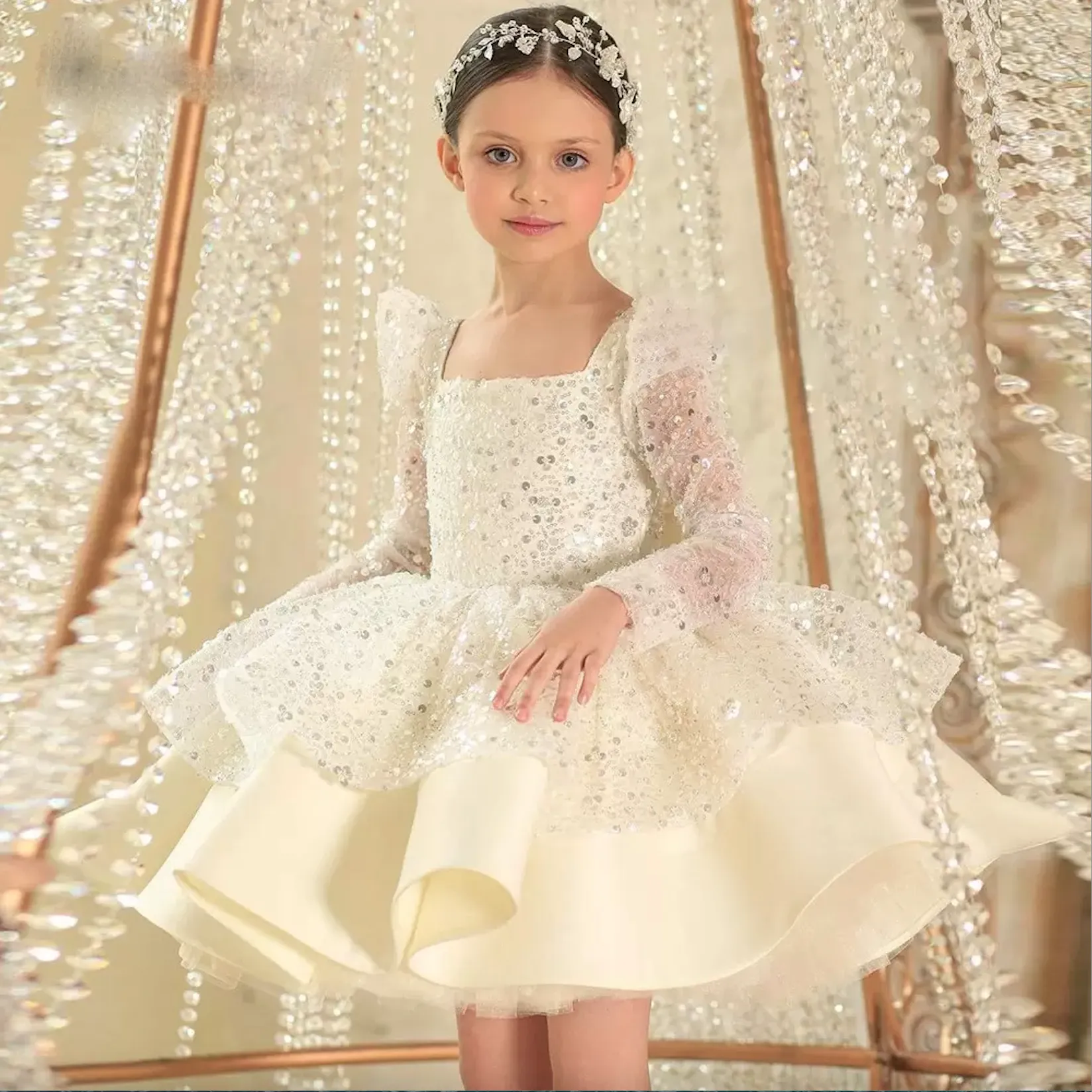 Glitter 2023 Białe cekinowe sukienki z kwiatami dziewczyny z długim rękawem