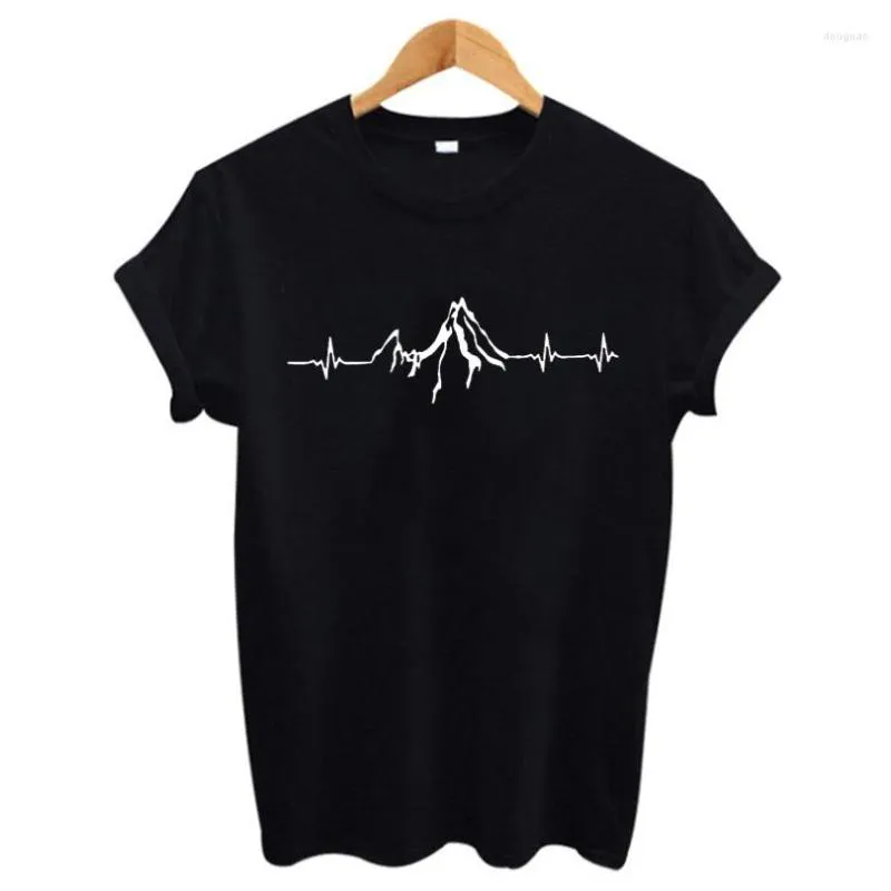 Camisetas femininas 2023 Mulheres de verão preto branco ao ar livre Harajuku camiseta gráfica camiseta femme Mountain Heartbeat Hispter Print T-shirt