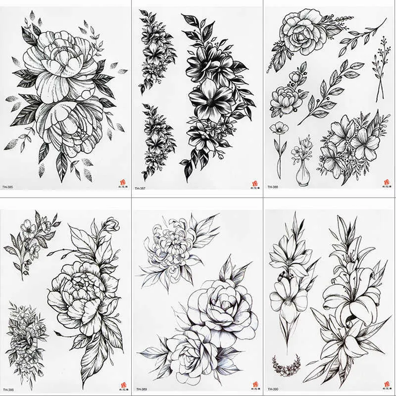 5 PC Temporära tatueringar Rose Peony Flower Girls Tillfälliga tatueringar för kvinnor Vattentäta svarta tatueringsklistermärken 3D Blossom Lady Shoulder Diy Tatoos Z0403