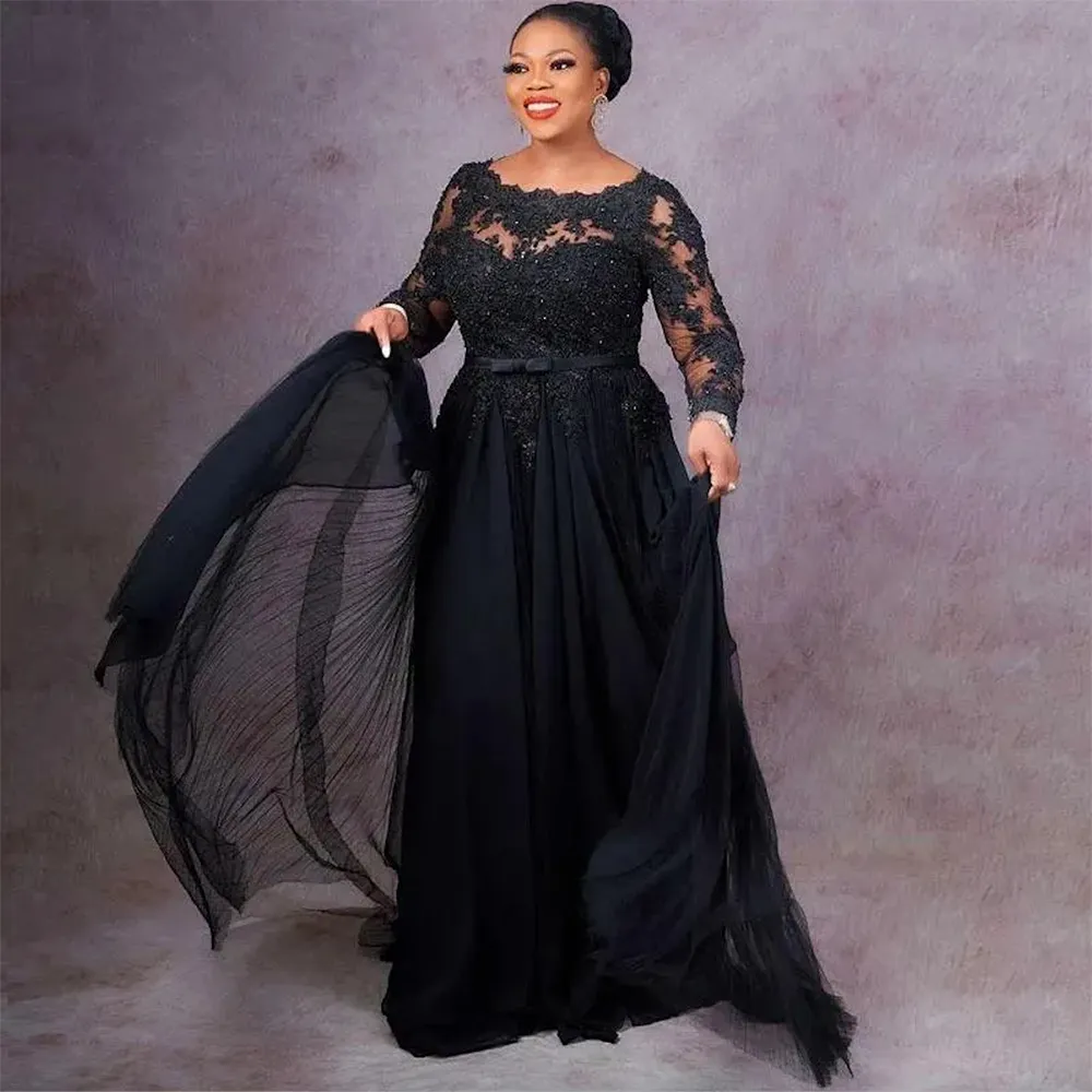 2023 Vintage Black Chiffon Mother of the Bride Dresses Bow Belt Formal Evening Gowns Long Sleeves with Bead Lace Appliques Birthday Party Wear