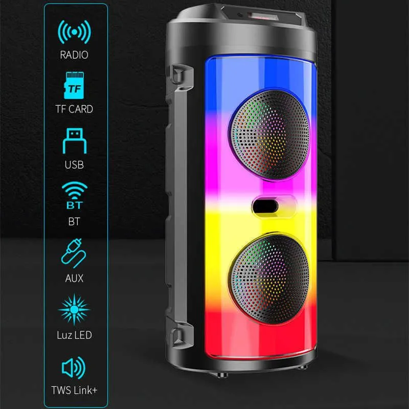 Altoparlanti portatili Scatola per altoparlanti Bluetooth con telecomando ad alto volume per esterni Doppia scheda di pronuncia da 4 pollici Audio Radio FM Luce a LED Boombox per feste