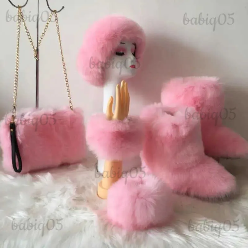 Womens Winter Faux Fox Outdoor Girls' Fluffy Snow Boots Female Luxury Furry Bag Fur Cap Hat Fashion Warm Sets T231104