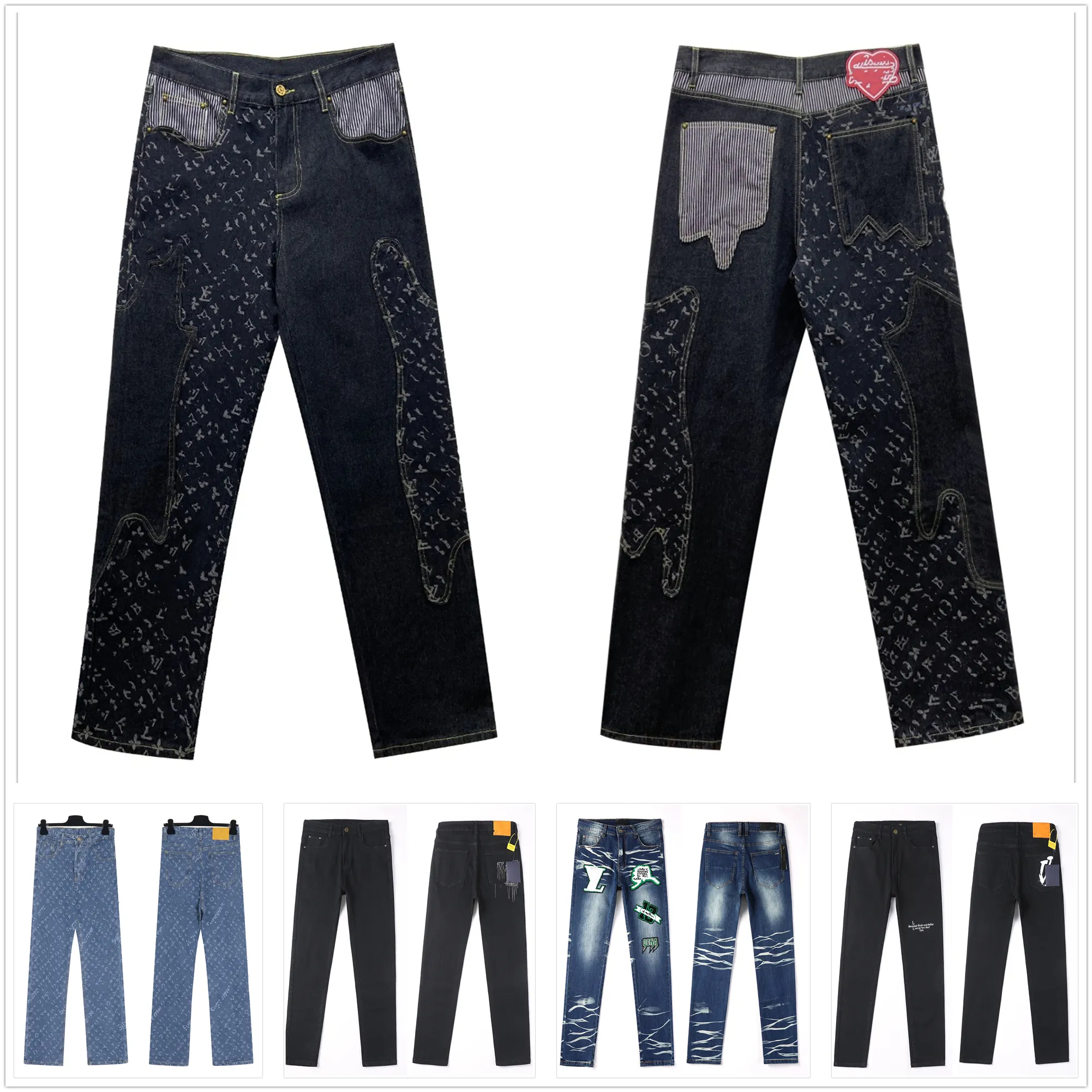 Designer Mens Stacked Jeans Men Printed Jacquard Embroidery Straight Hole Wash Irregular Patchwork Patch Embroidery Strch Fabric High