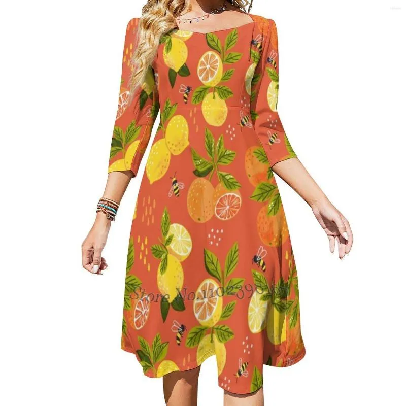 Günlük elbiseler limon parlama elbise kare boyun zarif kadın moda baskılı narenciye trend desen portakallar turuncu sarı