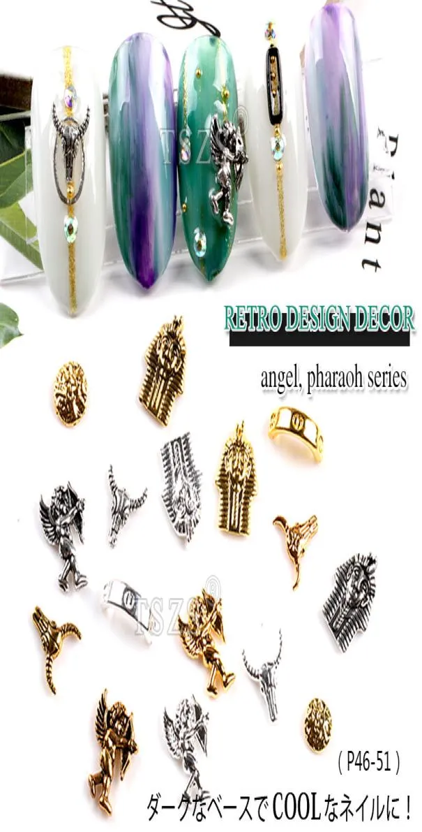 25pcslot Gold Silver 3D Retro Nail Art Decorations angel pharaoh Alloy Stud DIY Manicure Tools Nail Charm2057043