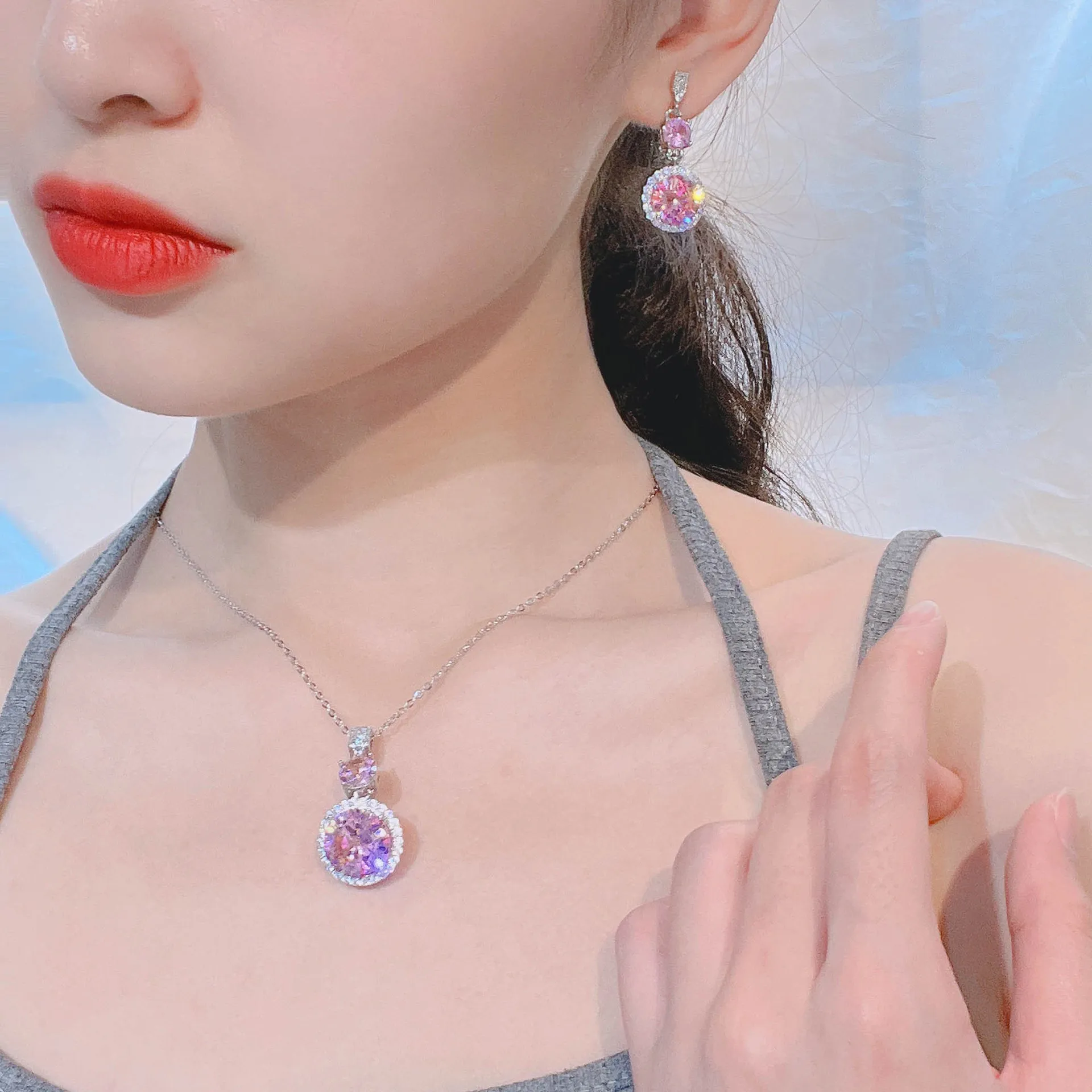 2022 Pink Lab Diamond Jewelry Set 925 스털링 실버 파티 웨딩 이어링 여성을위한 Chocker 목걸이 신부 보석 보석