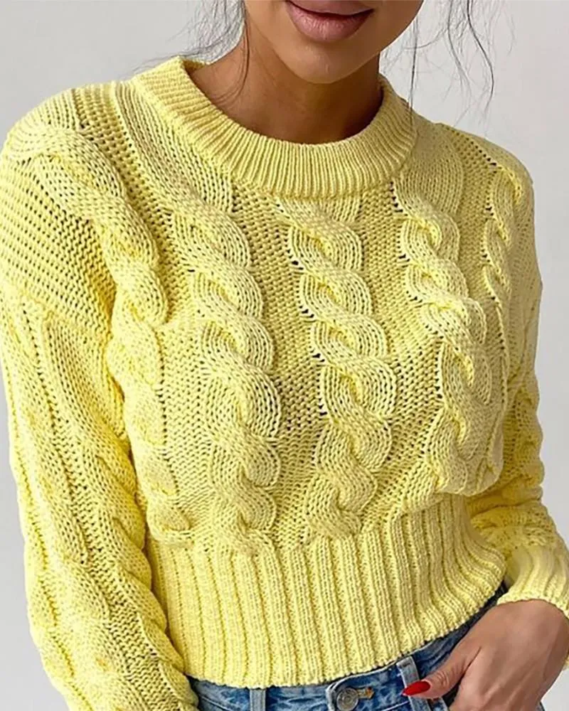 Kvinnors tröjor 2023 Kvinna O Neck Knit flätad långärmad tröjor TRINGA LÖST JUMPER TOPS Höst Yellow Women Casual Weaters Top