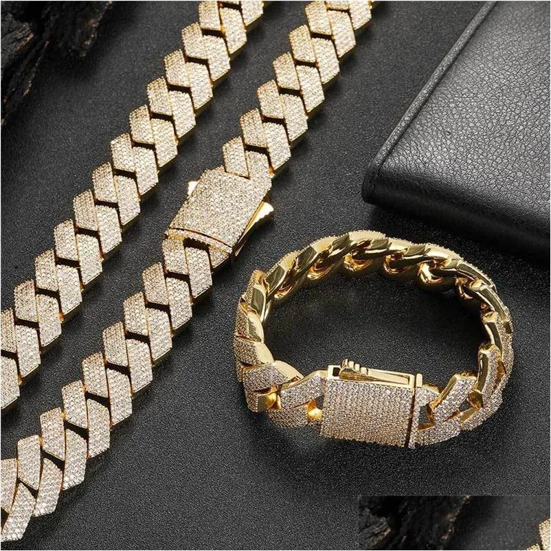 Chaînes 19mm de large chaînes glacées Bling Cz pierre plaqué or Miami chaîne à maillons cubains collier bracelet hommes hip hop colliers bijoux gi dh3to