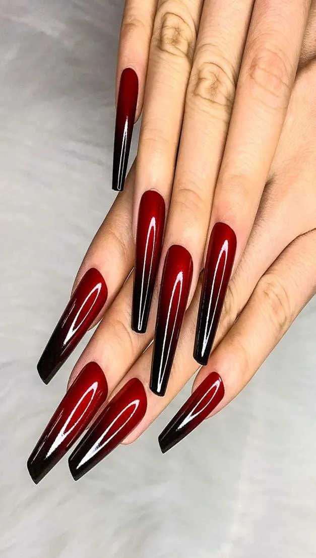 24pcs French Red Ombre Nails Ballerina Long Coffin Fake Nail Press on Fingernails False Tips Manicure for Women and Girls1782766