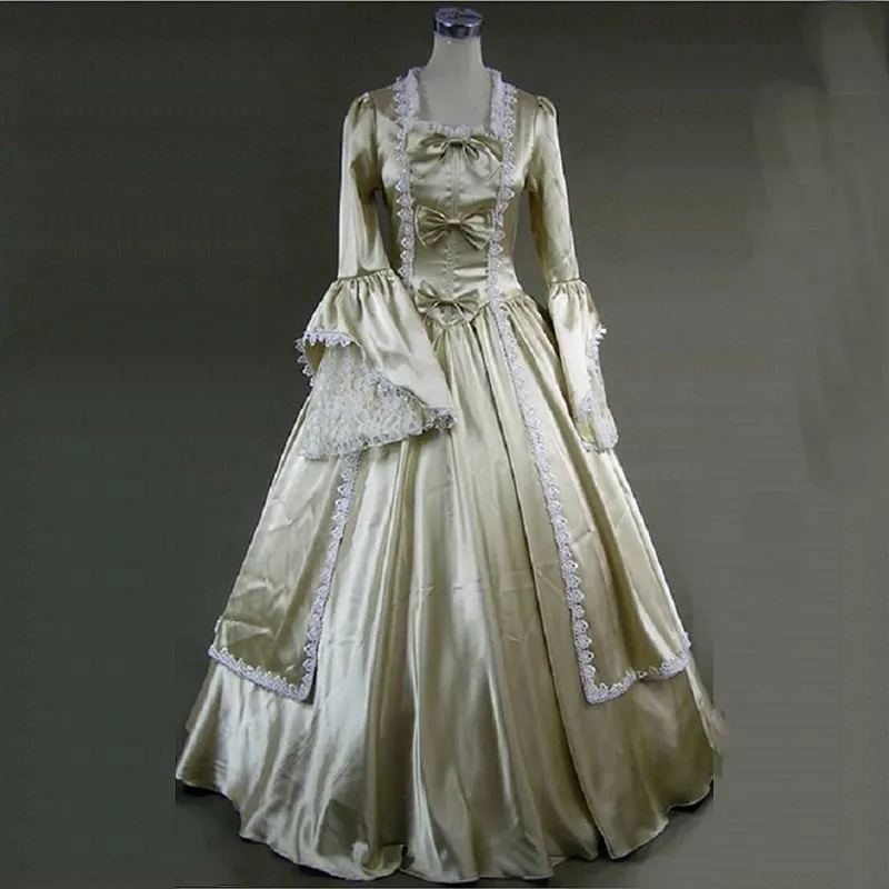 Vestido de fiesta de cumpleaños de champán del siglo XVIII, vestidos de baile de máscaras de manga larga acampanada, vestidos de baile de época para mujer