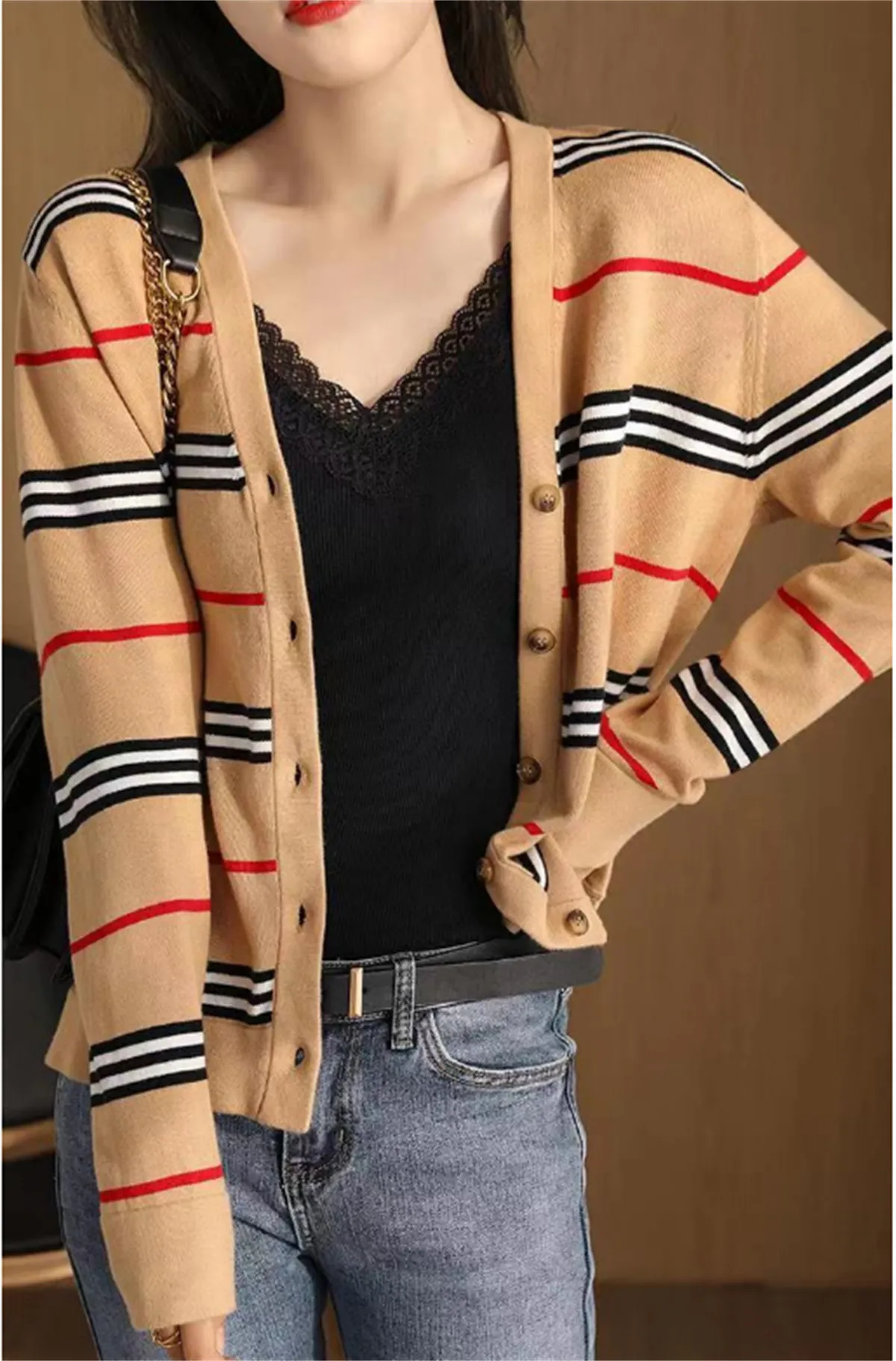 Maglioni Maglieria Giacca cardigan da donna Scollo a V a righe sexy allentato tutto-fiammifero maglione da donna a maniche lunghe Camicetta Felpe Cappotti