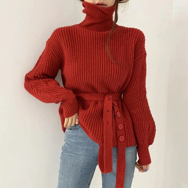 Damenpullover EBAIHUI Frauen Pullover Koreanische Einzigartige Hohe Kragen Damen Herbst Winter Lose Gestrickte Gürtel Knopf Design Pullover