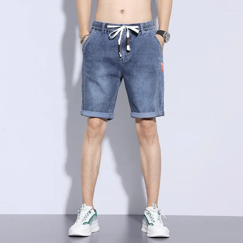 Men's Shorts Summer Denim For Men Clothing Washed Distresed Soft Jeans Pants Elastic Waist Drawstring Roll Up Trousers Loose Oversized