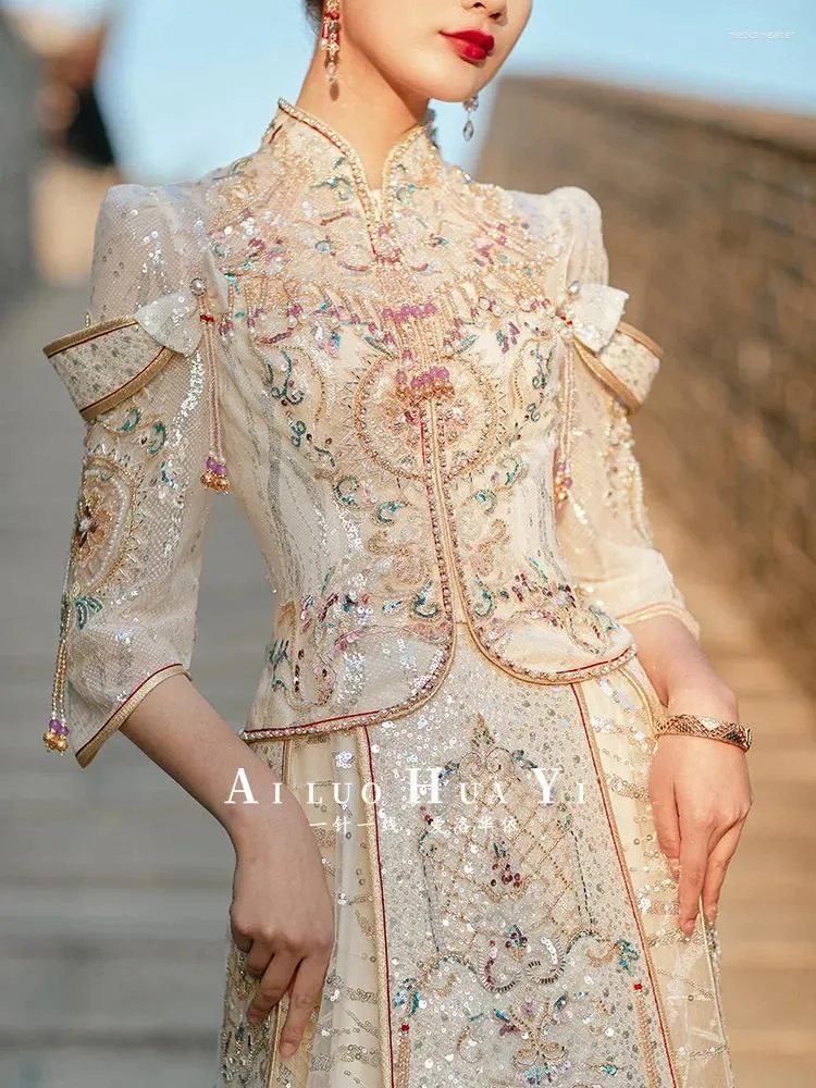 Chinese Traditional Dress Women Satin Cheongsam Qi Pao with Vintage Beading  Tassels and Champagne Sequins from Dhgate Ethnic Clothing - price 348.18