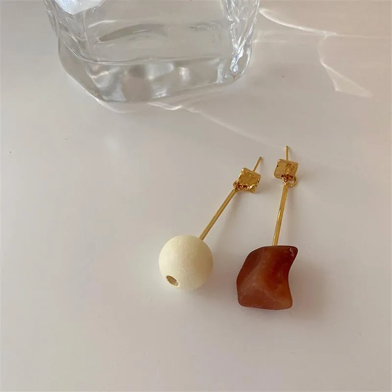 Dangle Earrings & Chandelier Asymmetry White Wood Ball Brown Blue Stone Drop Earring For Women Vintage Geometric