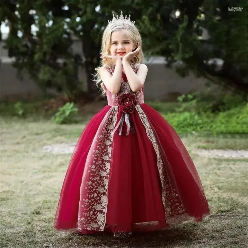 Girl Dresses Summer Flower Birthday V-collar Lace First Communion Fluffy Princess Wedding Piano Playing Prom Party Evening Gown