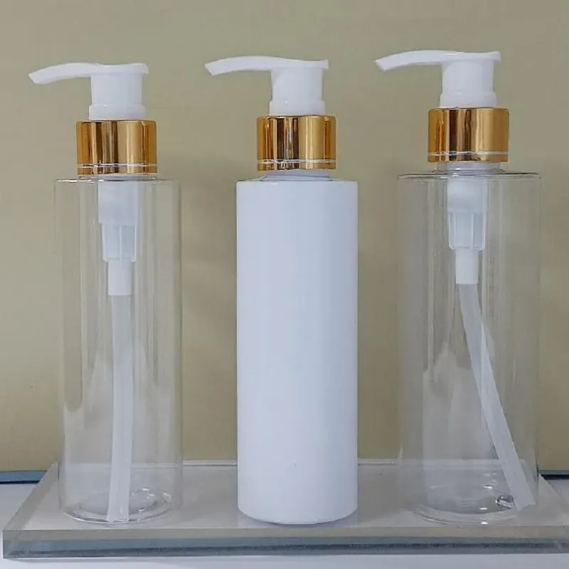 Nachfüllbare Plastikflasche, weißer und durchsichtiger Verpackungsbehälter, Goldkragen, weiße Lotion, Druckpumpe, 80 ml, 100 ml, 150 ml, 200 ml, 250 ml, 500 ml, tragbare Kosmetik