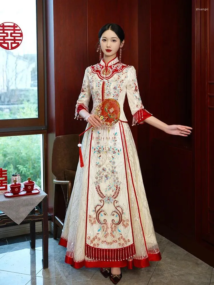 Ethnic Clothing Bride Sparkly Sequins Beading Qipao Champagne Wedding Dress Retro Chinese Style Tassels Cheongsam Toast