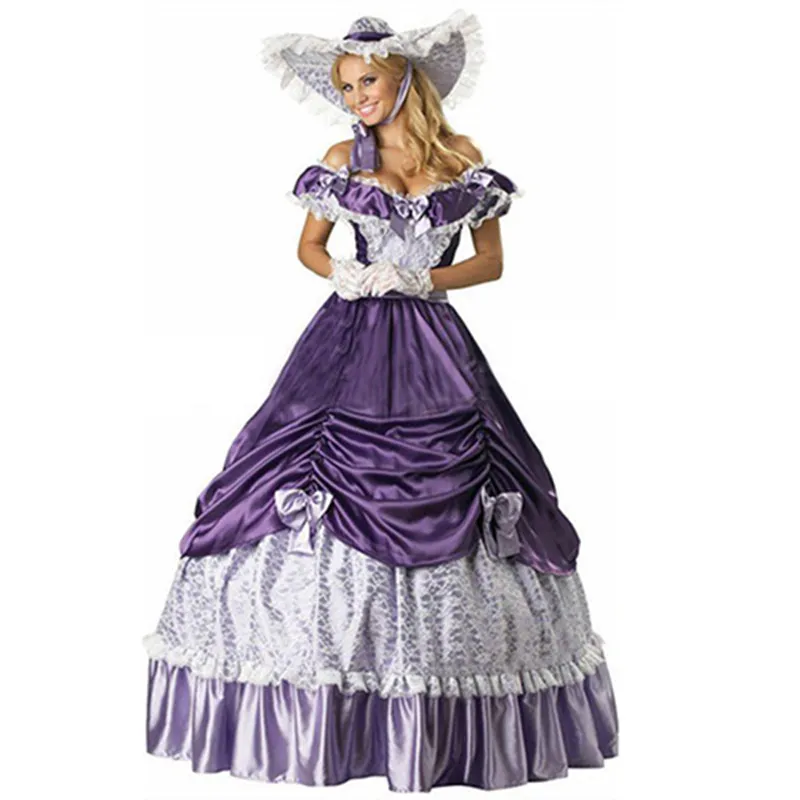 Robe longue gothique violette sans manches pour femmes, tenue de soirée rétro du 18ème siècle, en dentelle, avec nœud, pour Halloween, Halloween, 2023