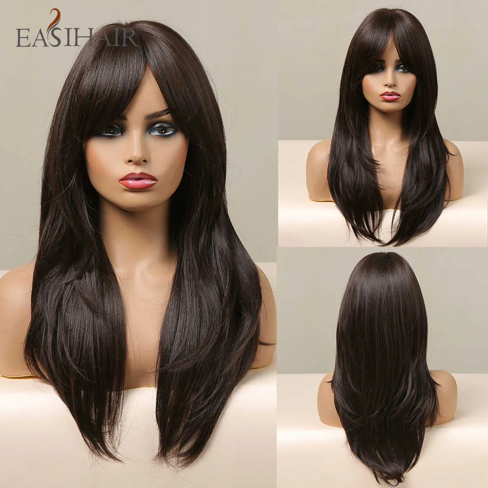 Синтетические парики easihair Long темно -коричневые синтетические парики для женщин, натуральные с устойчивыми к волосам парик для волос. 230227
