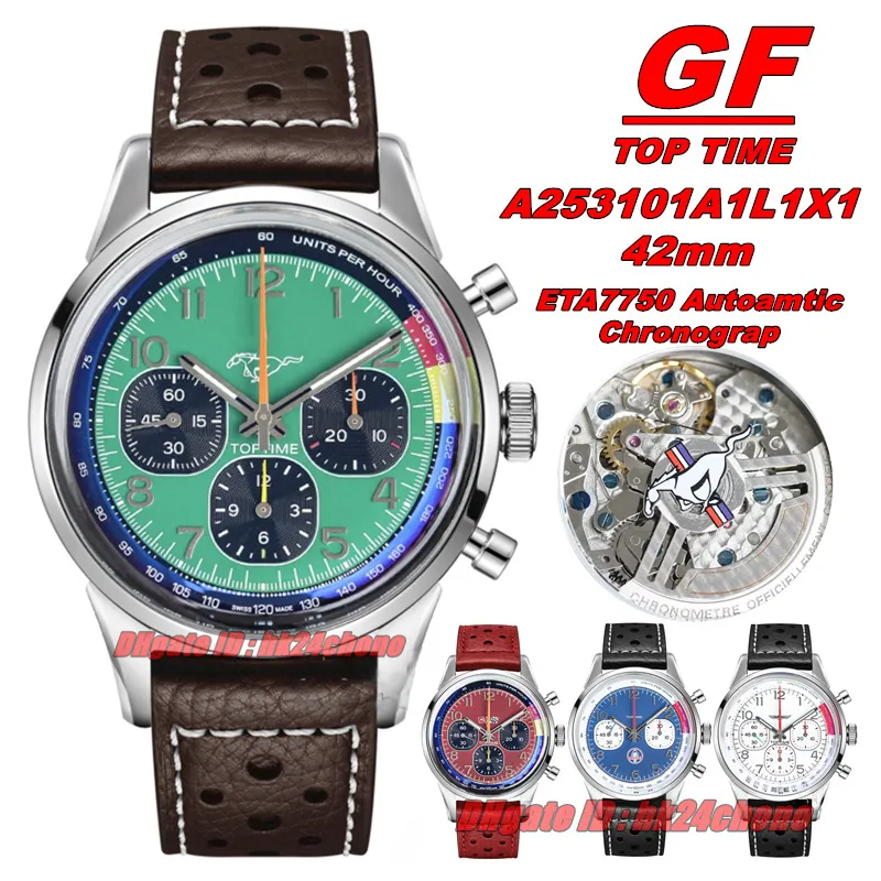 GF Fabrika Saatleri 42mm A253101A1L1X1 En İyi Zaman Ford Mustang Paslanmaz Çelik ETA7750 Otoamtik Kronograf Erkekler İzle Yeşil Dial Deri Kayış Bents Hollwatches