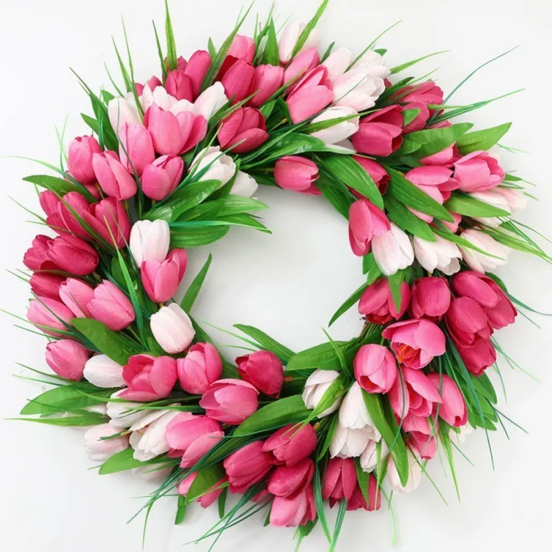 Dekorativa blommor kransar simulering rosa tulpan krans för ytterdörr konstgjord krans bröllop dekoration vårkransdekor för dörrträdgård 230404