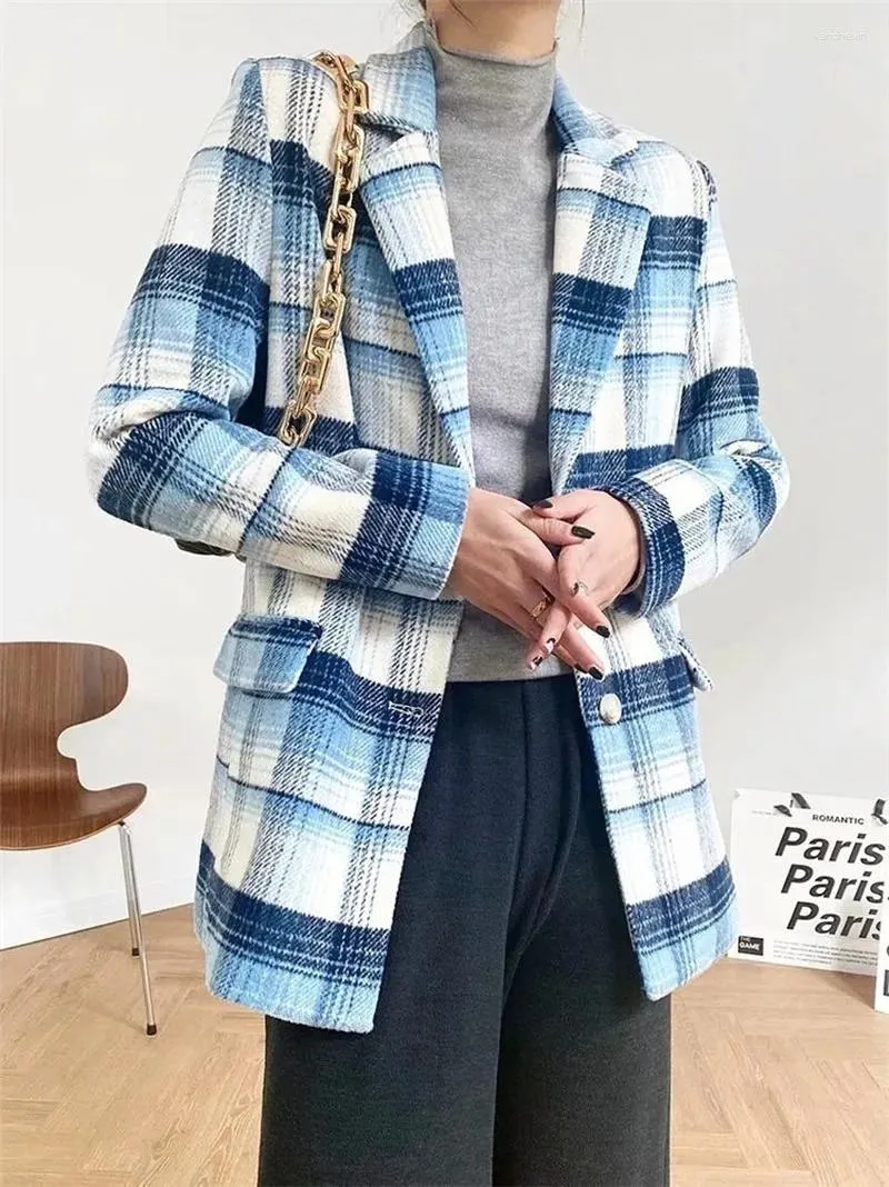 Women's Suits Blue Plaid Woollen Blazer Suit Mature Women Office Casual Commute All-Match Formal Clothing Lady Temperament Coat