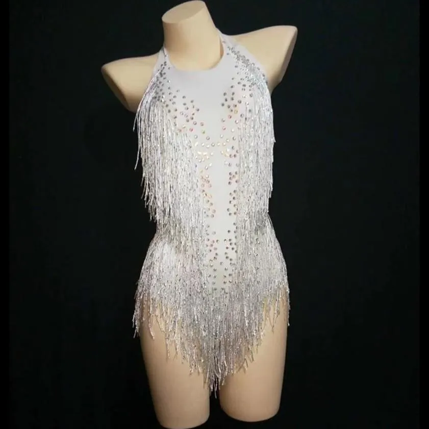 Stadiumkleding Sparkly Steentjes Wit Kwastje Body Vrouwen Sexy Club Outfit Fringe Danskostuum Een stuk Show Zanger TurnpakjeStag285I